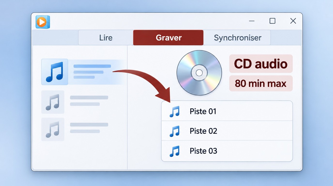 Gravure d'un CD audio dans Lecteur Windows Media hérité avec une liste limitée à 80 minutes.