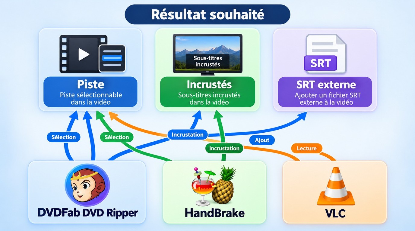 Choix entre DVDFab DVD Ripper, HandBrake et VLC selon le type de sous-titres