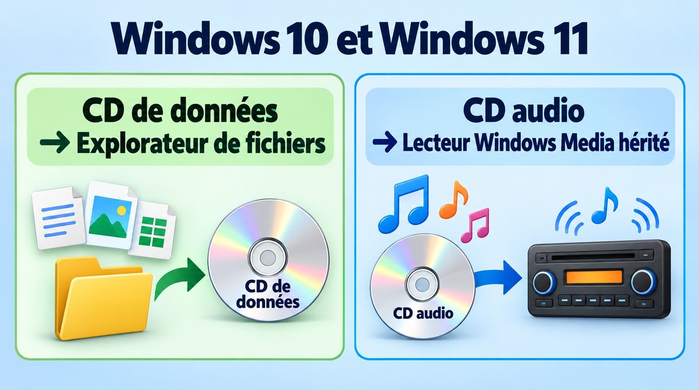 Choisir entre Explorateur de fichiers et Lecteur Windows Media hérité selon le type de CD.