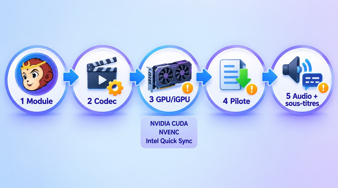 Vérifications GPU, pilote, codec et pistes avant la compression dans DVDFab