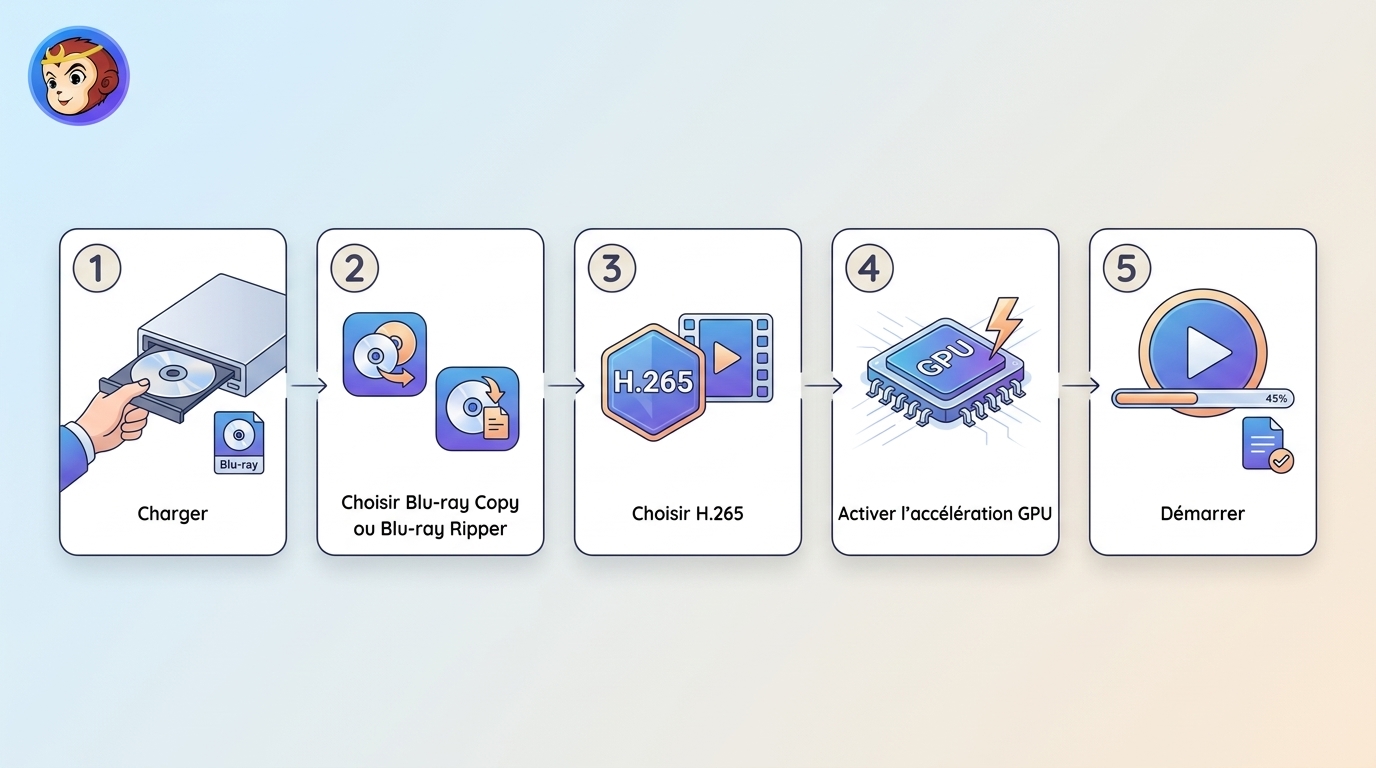 Parcours DVDFab pour charger un Blu-ray, choisir H.265 et lancer la compression