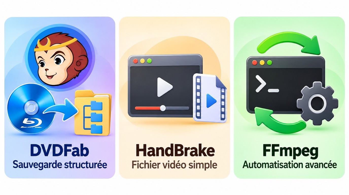 Choix de DVDFab, HandBrake ou FFmpeg selon la destination et le niveau de contrôle