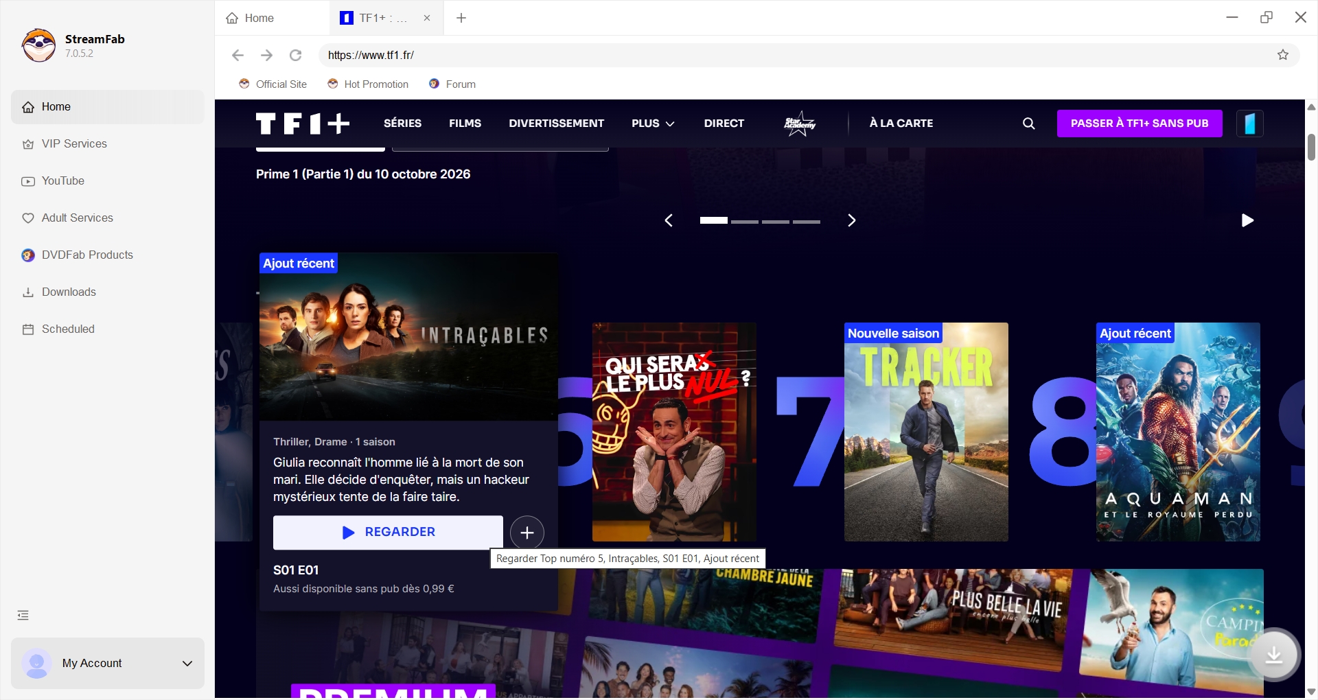 Catalogue TF1+ dans le navigateur intégré de StreamFab