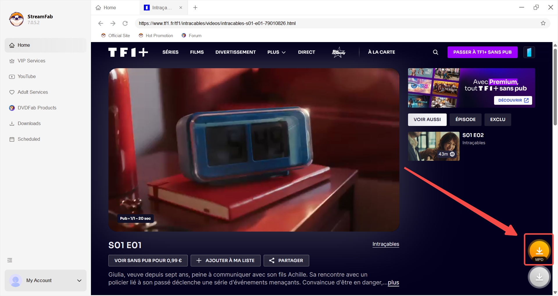 Icône de téléchargement MPD en bas à droite pendant la lecture de TF1+