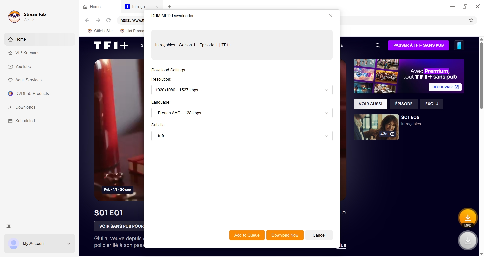 Fenêtre DRM MPD Downloader avec résolution, audio, sous-titres et bouton Download Now